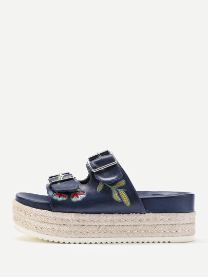 Flowers Embroidery Flatform PU Sandals