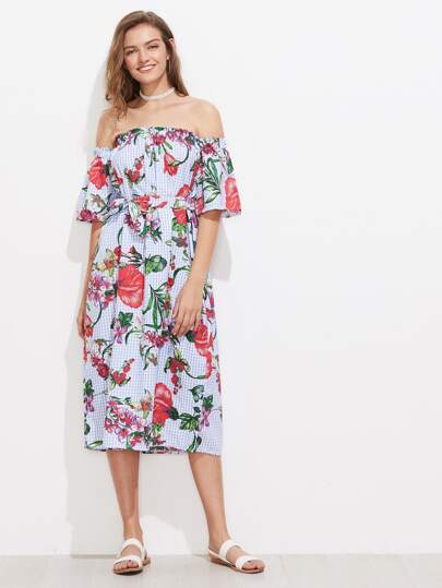 Vestito a quadretti con stampa di fogliame