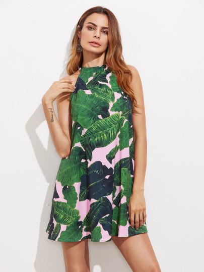 Robe trapèze ras de cou imprimé des feuilles de la jungle