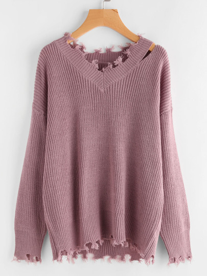Cutout Neck Raw Distressed Jumper