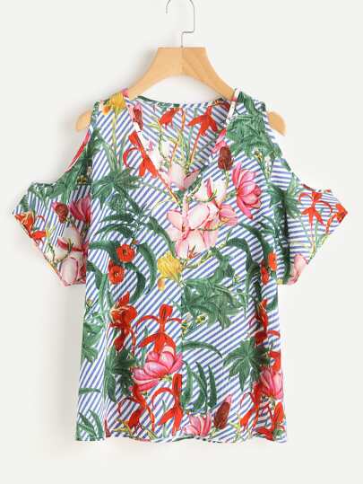 Top de rayas con estampado floral al azar