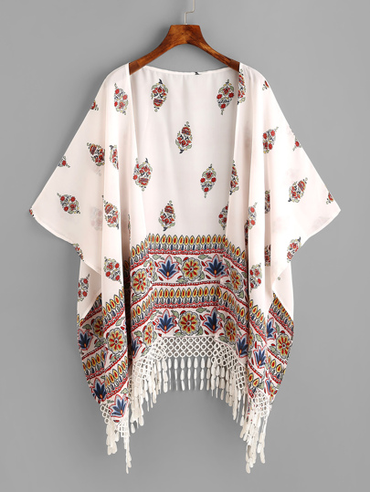 Kimono asymétrique imprimé fleuri avec des franges