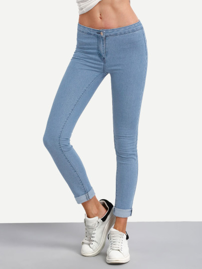 Vaqueros skinny efecto lavado y bajo vuelto - azul