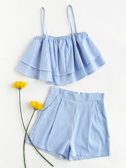 Stripe Tiered Crop Cami Top And Shorts Set