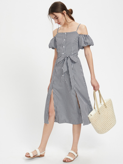 M-Schlitz Kleid mit Laternenhülse und Selbstbindung