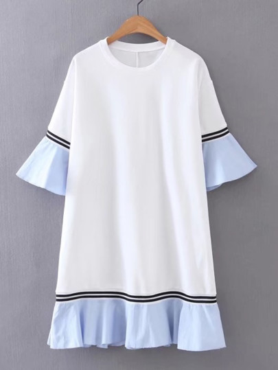 Bell Sleeve Contrast Ruffle Hem Dress