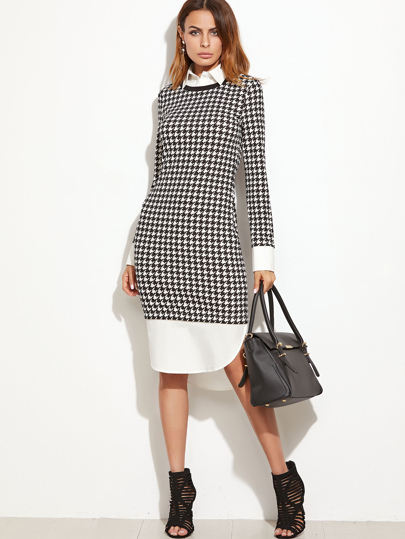Houndstooth Contrast Curved Hem Combo Dress