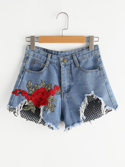Shorts en denim de borde crudo aplique contraste de malla