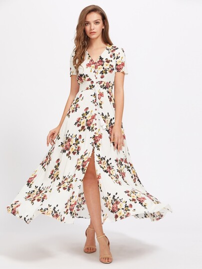 Tasseled Tie Smocked Waist Rose Print Dress