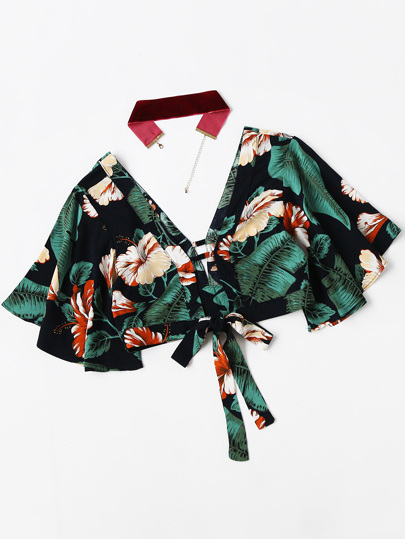 Plunging V-neckline Floral Print Random Knot Crop Top