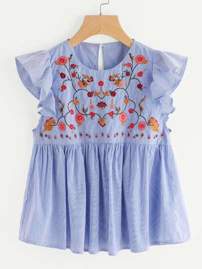 Puppe Bluse mit Stickereien, Falten und Streifen