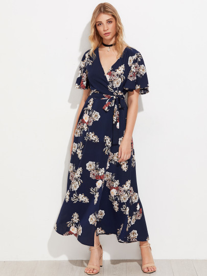 Flutter Sleeve Surplice Wrap Dress