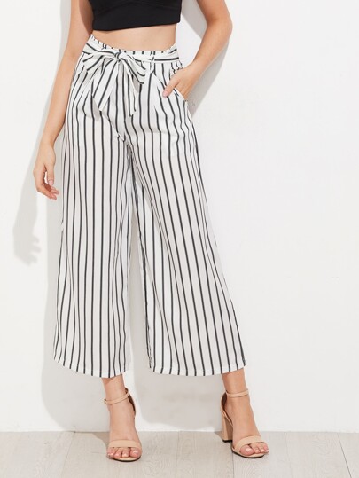 Vertical Striped Self Tie Wide Leg Pants
