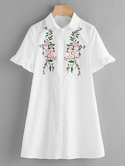Blossom Embroidered Ruffle Sleeve Shirt Dress