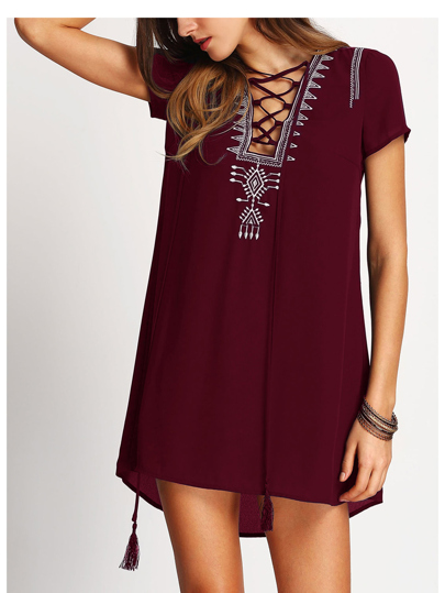 Lace Up Print Front Shift Dress