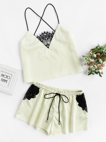 Lace Panel Crisscross Cami And Shorts Pajama Set