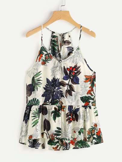 Camisole péplum imprimée tropical avec un lacet et un trou