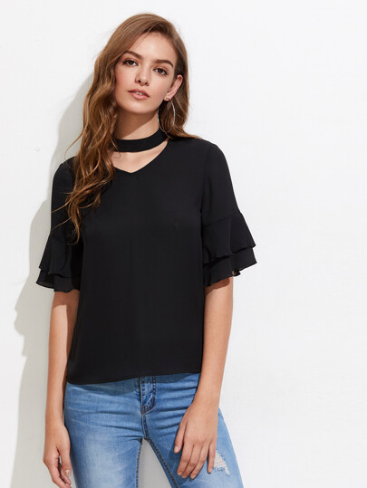 Choker Neck Layered Fluted Sleeve Top