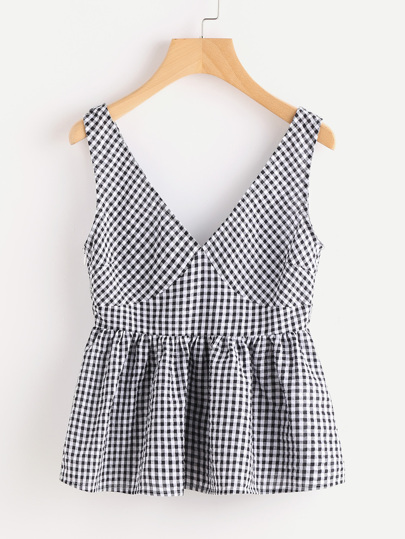 Double Plunge Neck Gingham Peplum Shell Top
