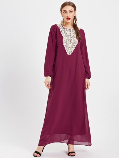 Contrast Crochet Panel Chiffon Kaftan Dress