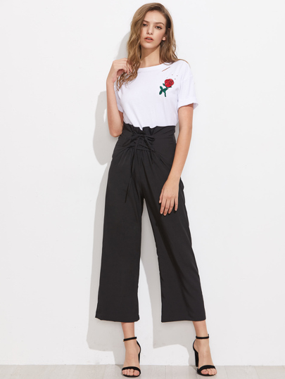 Lace Up Waist Wide Leg Pants