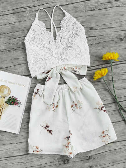 Lace Panel Criss Cross Bow Tie Back Cami Top With Florals Shorts