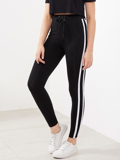 Drawstring Waist Side Striped Leggings