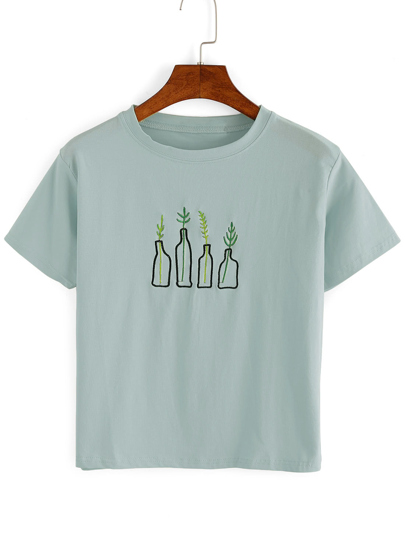 Green Plant Embroidered T-Shirt