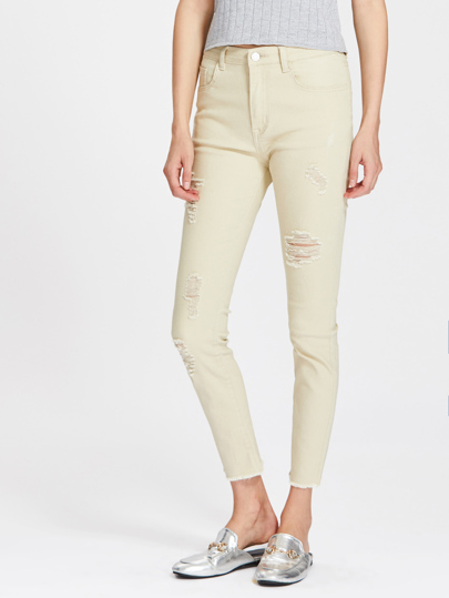 Shredded Rips Detail Frayed Hem Jeans