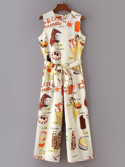 Ice Cream Print Sleeveless Jumpsuit With Self Tie