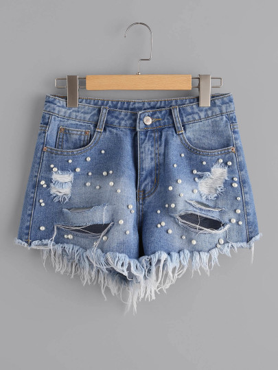 Faux Pearl Beading Distressed Denim Shorts