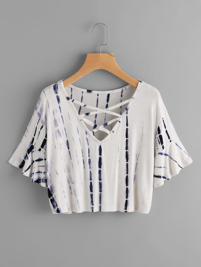 T-shirt mit Flöteärmeln,Wasserfarbe und Schnüren