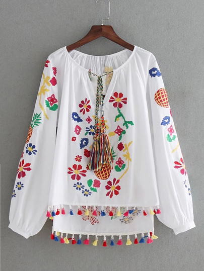 Lantern Sleeve Embroidery Tassel Tie Top