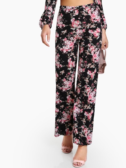 Floral Print Flowy Pants BLACK