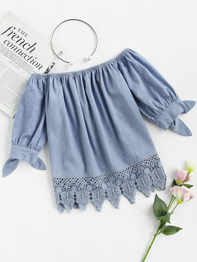 Crochet Trim Tie Cuff Chambray Bardot Top