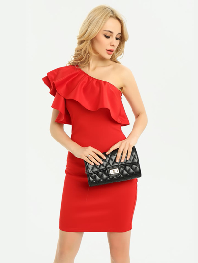Asymmetric Shoulder Frill Trim Above-Knee Hemlines Dress