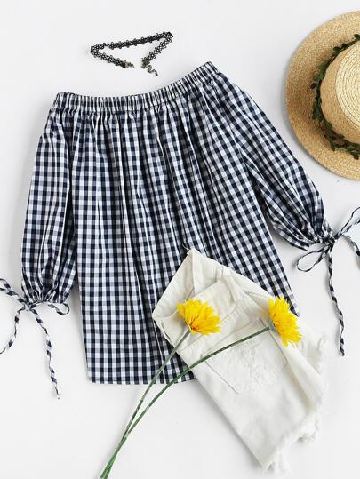Drawstring Lantern Sleeve Off Shoulder Gingham Top