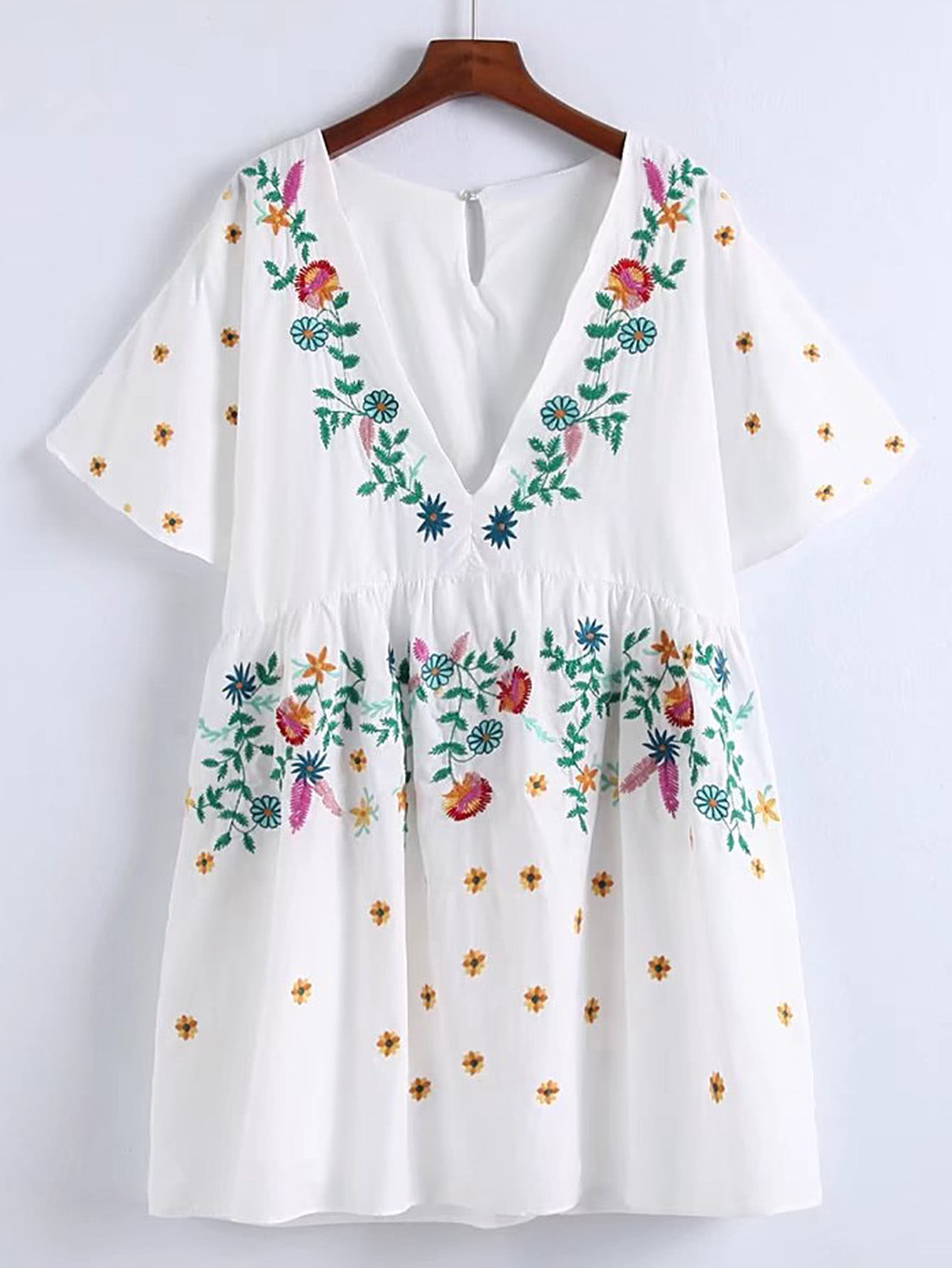 Bell Sleeve Flower Embroidery Dress