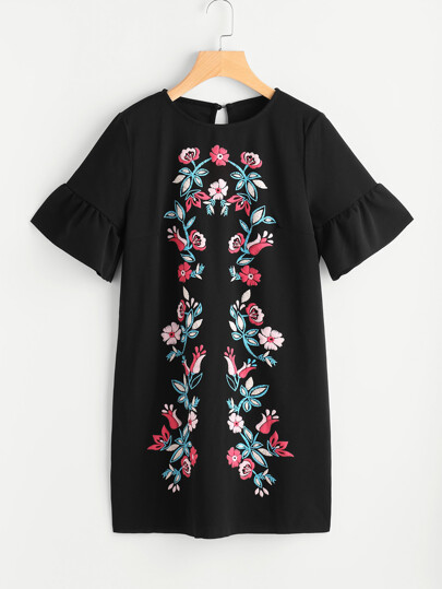 Symmetric Flower Embroidered Fluted Sleeve Keyhole Back Dress