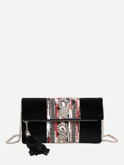 Tassel Detail Fold Over Velvet Clutch Bag