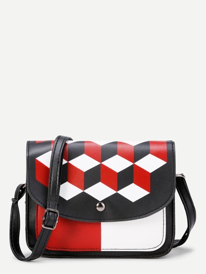 Geometric Print Flap PU Shoulder Bag
