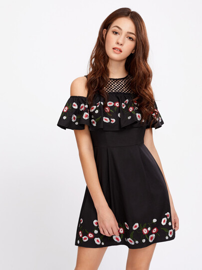 Lace Yoke Open Shoulder Embroidered Flounce Dress