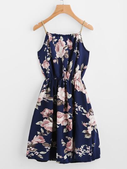 Braided Bead Strap Tie Floral Print Dress