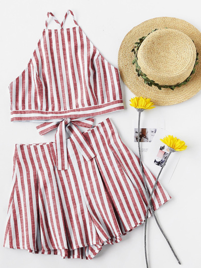 Camisole mit Kreuzgurte, Band hinten, Streifen und Shorts Set mit Plissee
