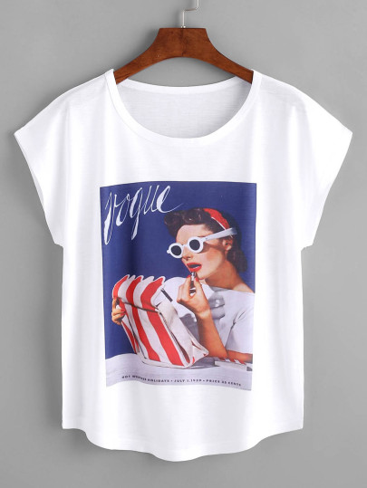 Camiseta de manga murciélago estampada de dibujo