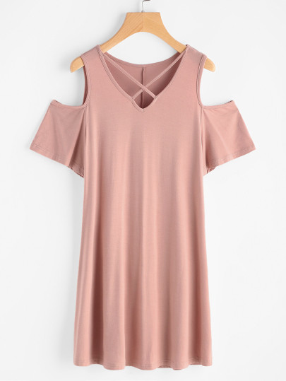 Crisscross V Neck Open Shoulder Tee Dress