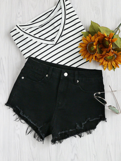 Asymmetric Raw Cut Denim Shorts