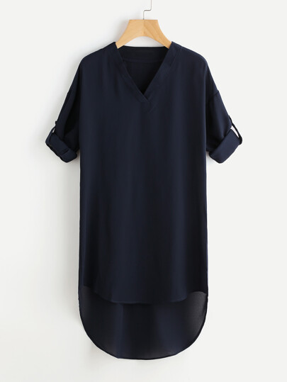 Drop Shoulder Roll Tab Sleeve Dip Hem Dress