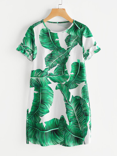Palm Leaf Print Frilled Sleeve Dress