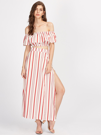 Vertical Striped Ruffle Crop Top With Split Skirt